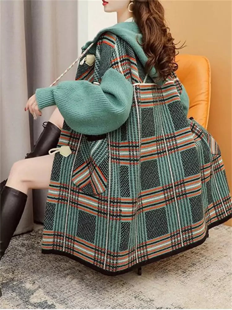 Stylish Warm Plaid Long Chunky Knit Hooded Cardigan