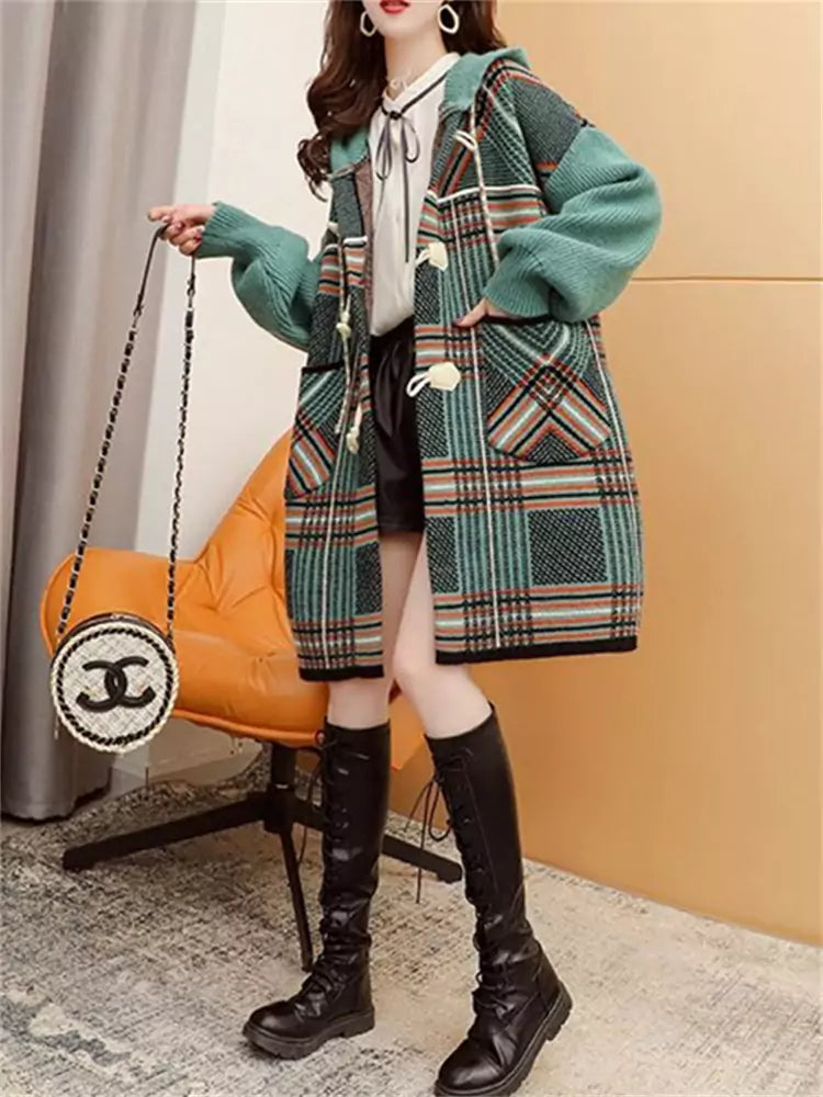 Stylish Warm Plaid Long Chunky Knit Hooded Cardigan