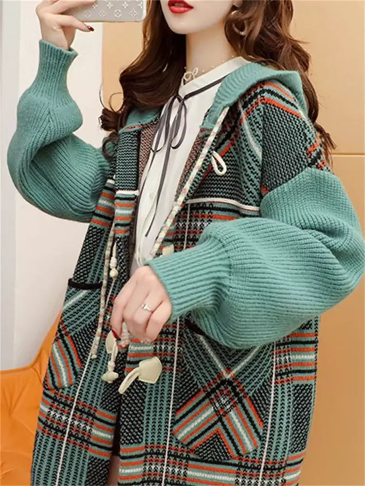 Stylish Warm Plaid Long Chunky Knit Hooded Cardigan