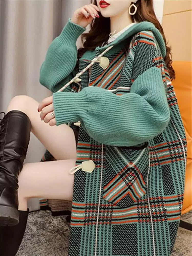 Stylish Warm Plaid Long Chunky Knit Hooded Cardigan