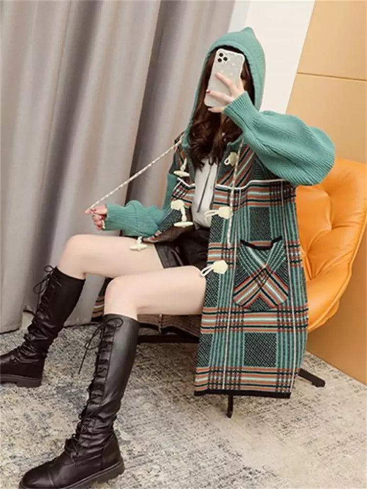 Stylish Warm Plaid Long Chunky Knit Hooded Cardigan