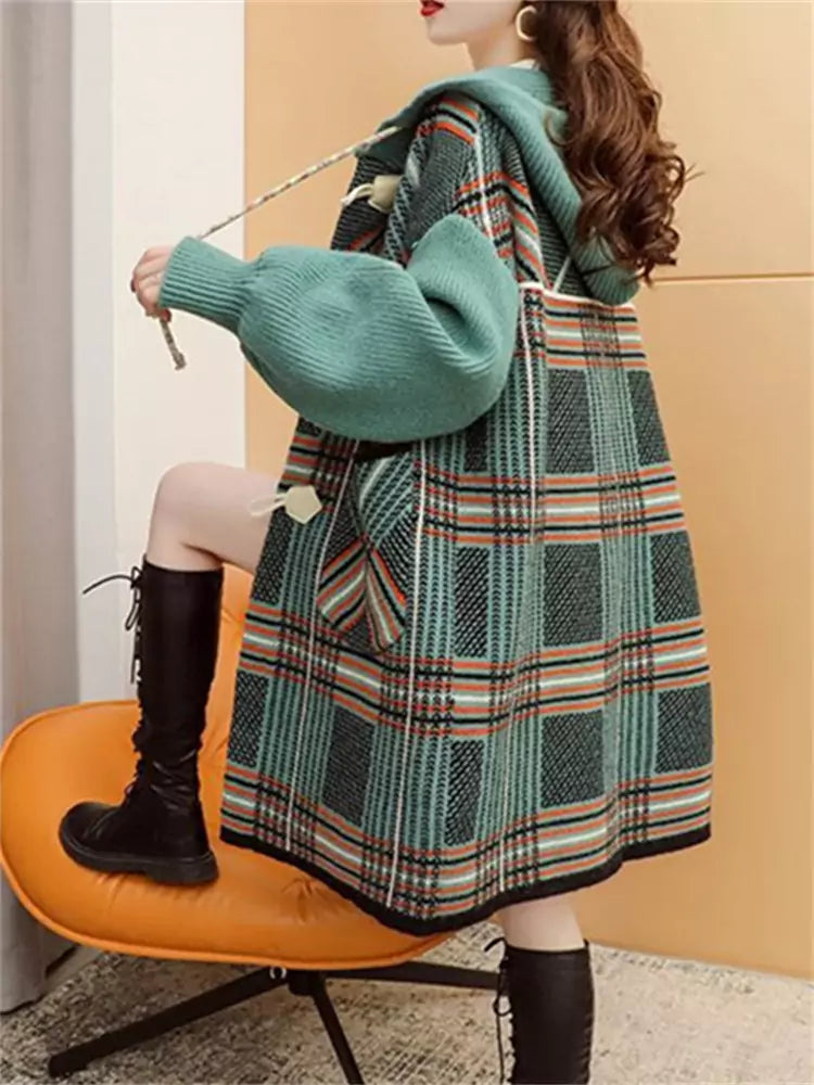 Stylish Warm Plaid Long Chunky Knit Hooded Cardigan