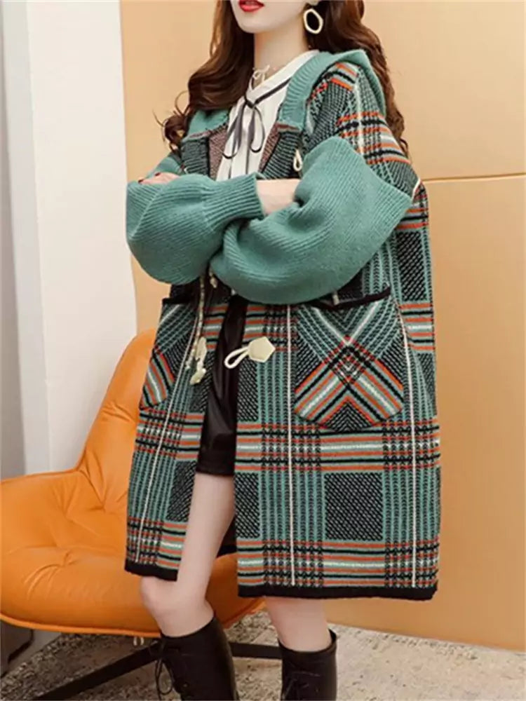 Stylish Warm Plaid Long Chunky Knit Hooded Cardigan