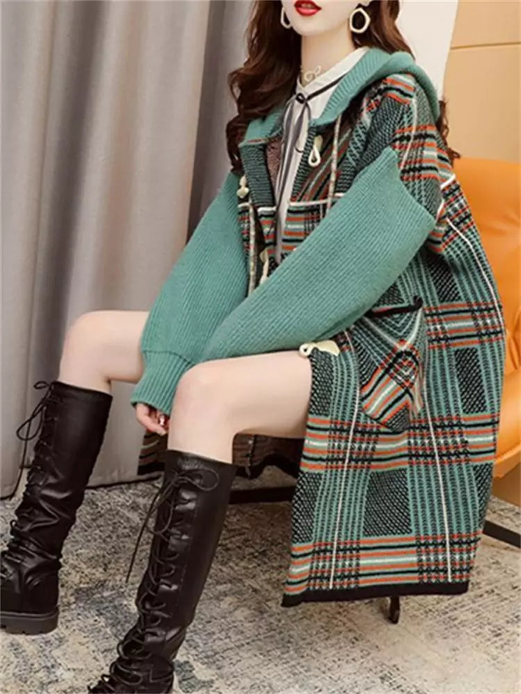 Stylish Warm Plaid Long Chunky Knit Hooded Cardigan