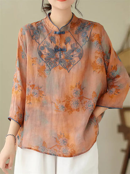  High-End Linen Blend Top with Oriental Closures