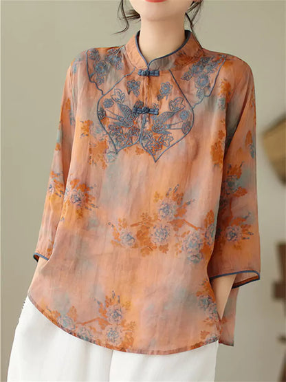  High-End Linen Blend Top with Oriental Closures