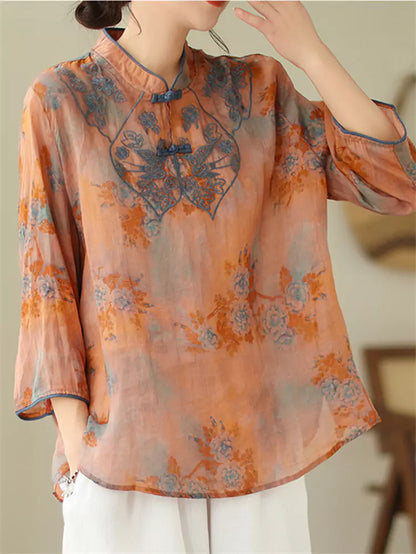  High-End Linen Blend Top with Oriental Closures