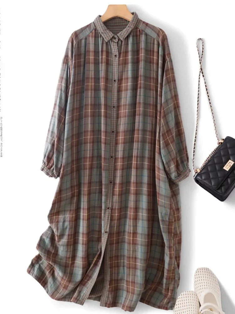 Teal Plaid Double-Layer Cotton Gauze Shirt Dress