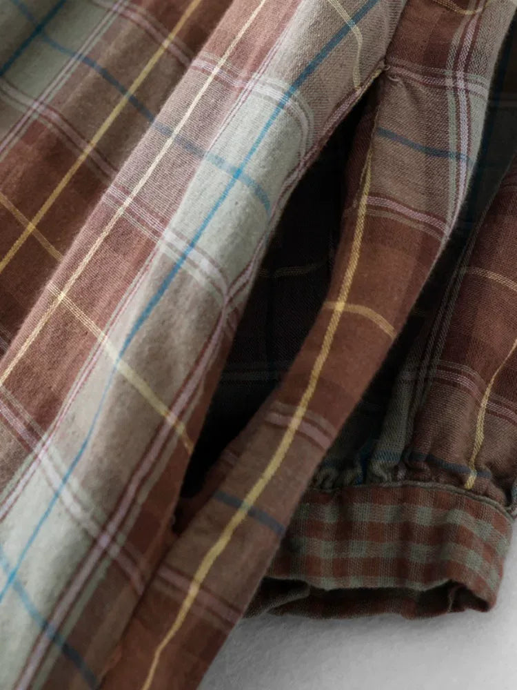 Teal Plaid Double-Layer Cotton Gauze Shirt Dress