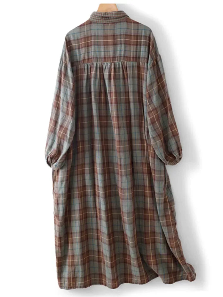 Teal Plaid Double-Layer Cotton Gauze Shirt Dress