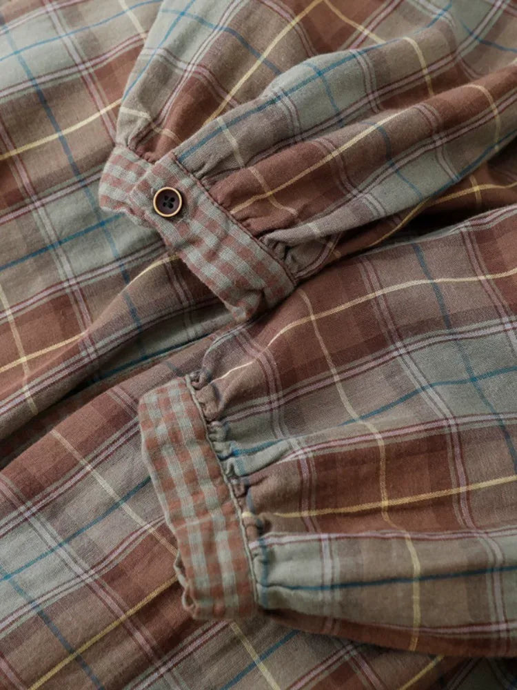 Teal Plaid Double-Layer Cotton Gauze Shirt Dress