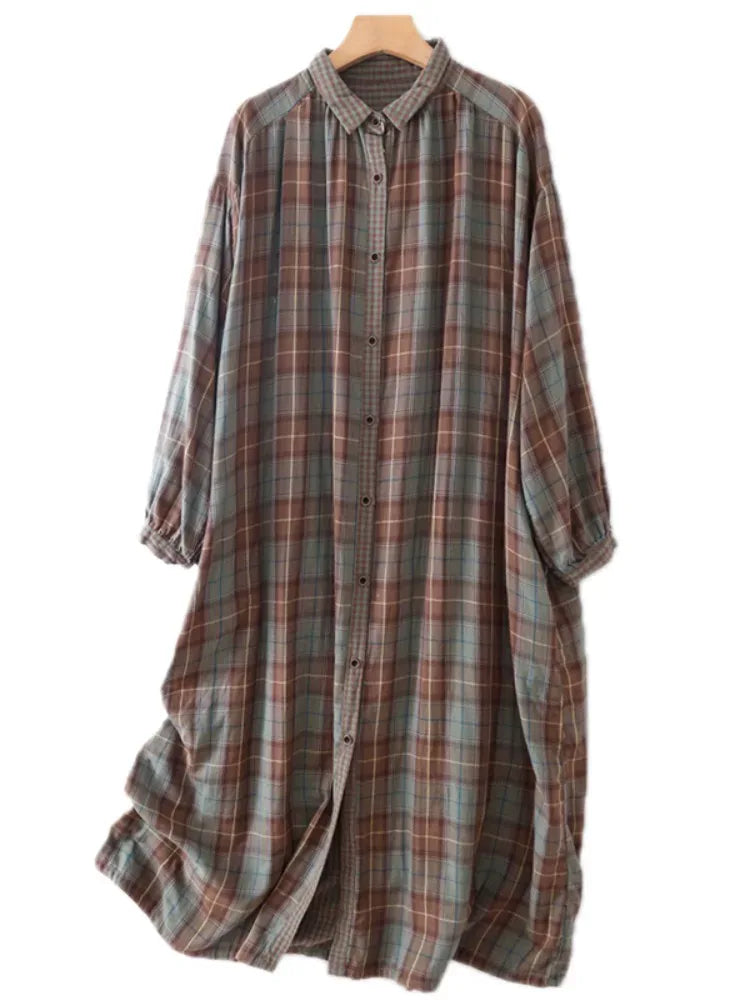 Teal Plaid Double-Layer Cotton Gauze Shirt Dress