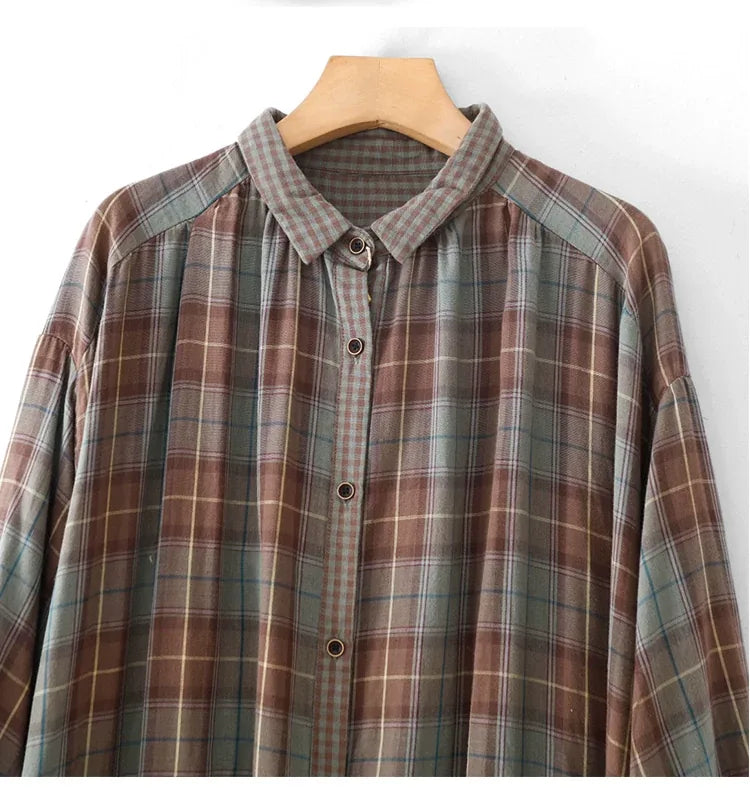 Teal Plaid Double-Layer Cotton Gauze Shirt Dress
