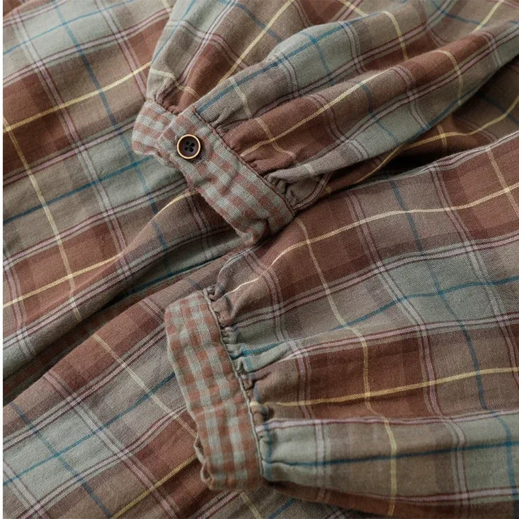 Teal Plaid Double-Layer Cotton Gauze Shirt Dress