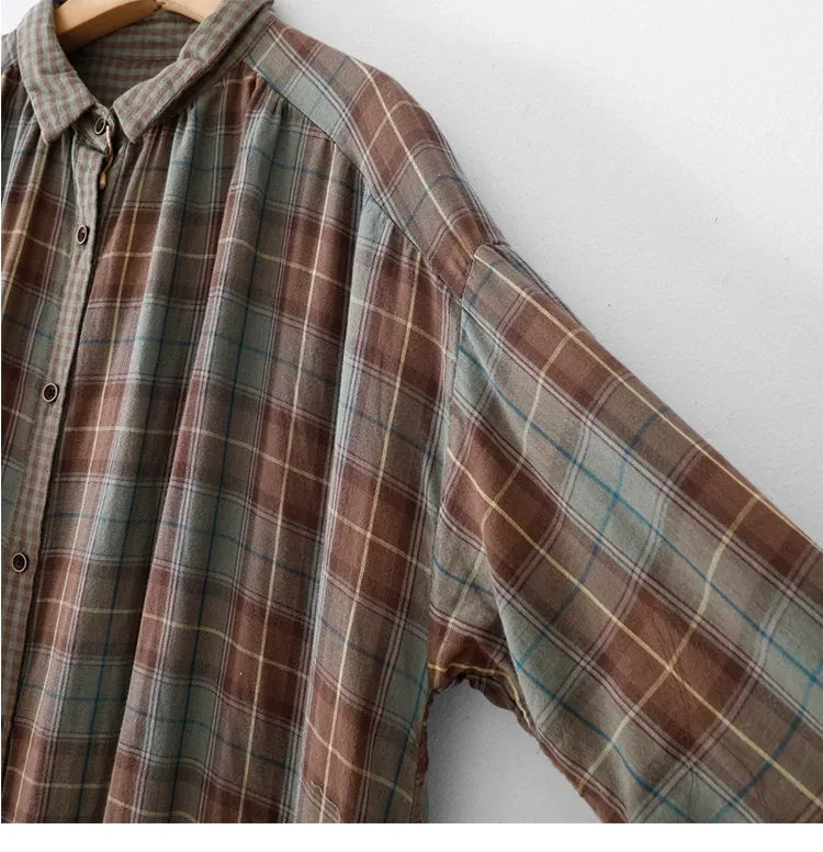 Teal Plaid Double-Layer Cotton Gauze Shirt Dress