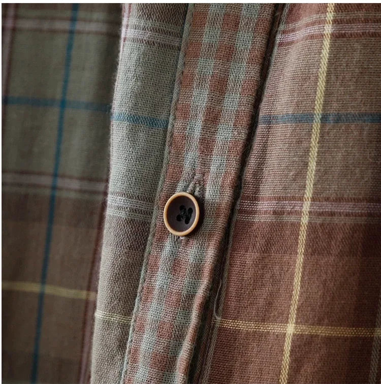 Teal Plaid Double-Layer Cotton Gauze Shirt Dress