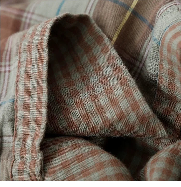 Teal Plaid Double-Layer Cotton Gauze Shirt Dress