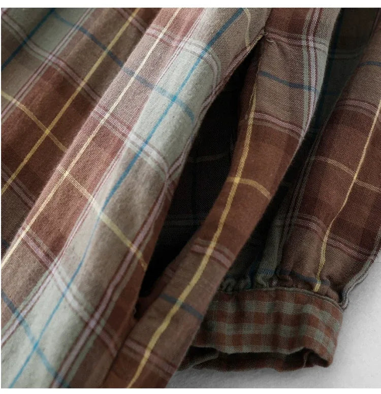 Teal Plaid Double-Layer Cotton Gauze Shirt Dress