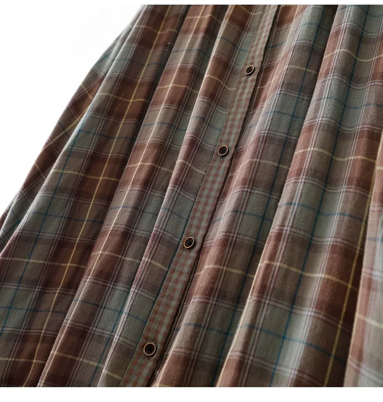 Teal Plaid Double-Layer Cotton Gauze Shirt Dress