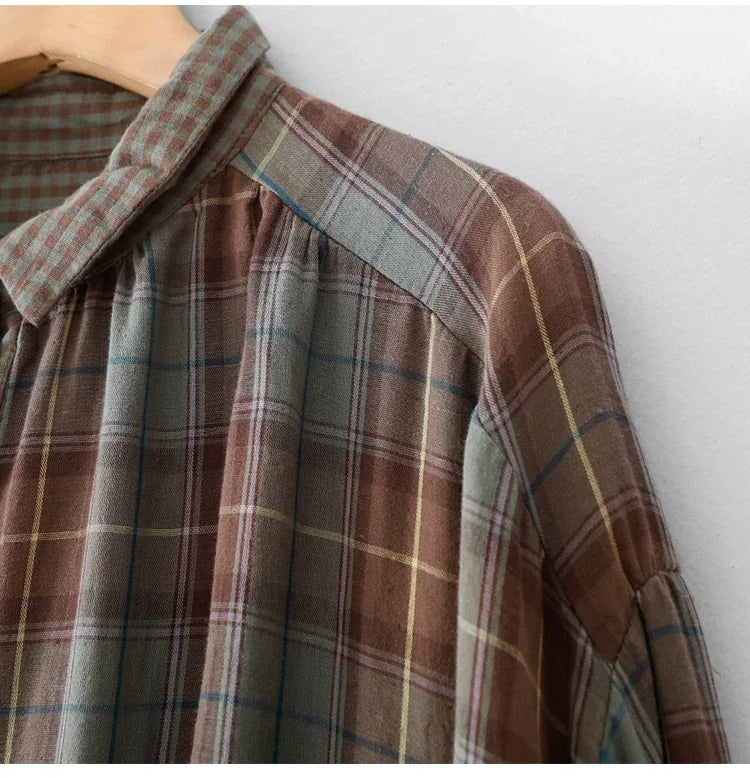 Teal Plaid Double-Layer Cotton Gauze Shirt Dress