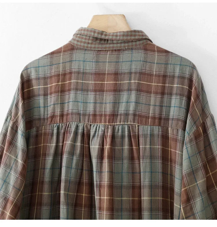 Teal Plaid Double-Layer Cotton Gauze Shirt Dress