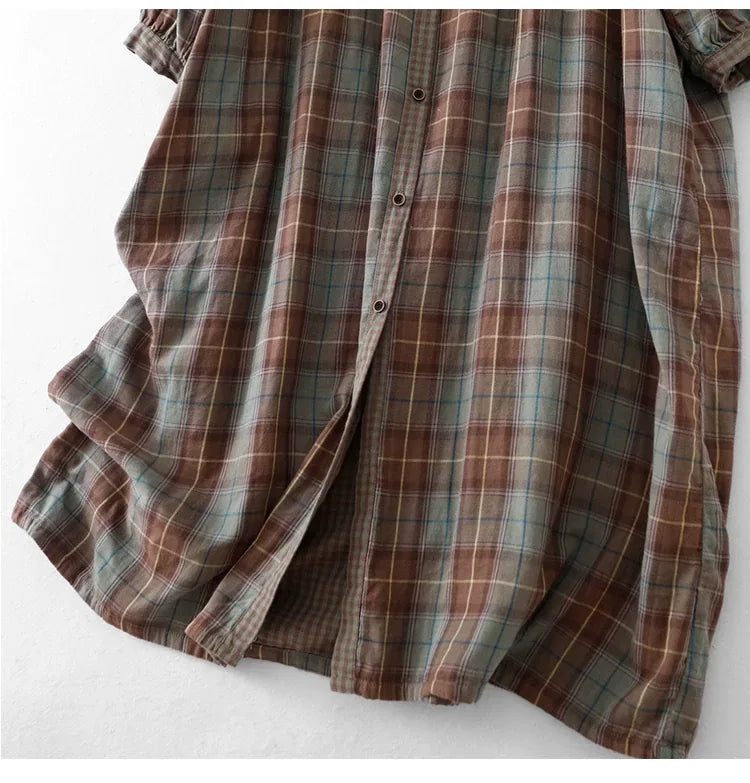 Teal Plaid Double-Layer Cotton Gauze Shirt Dress