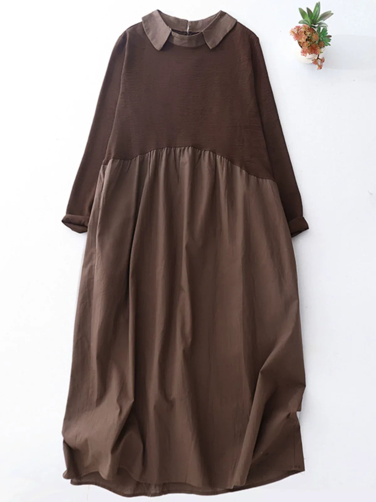 Textured Bodice Shirt Collar A-Line Midi Dress