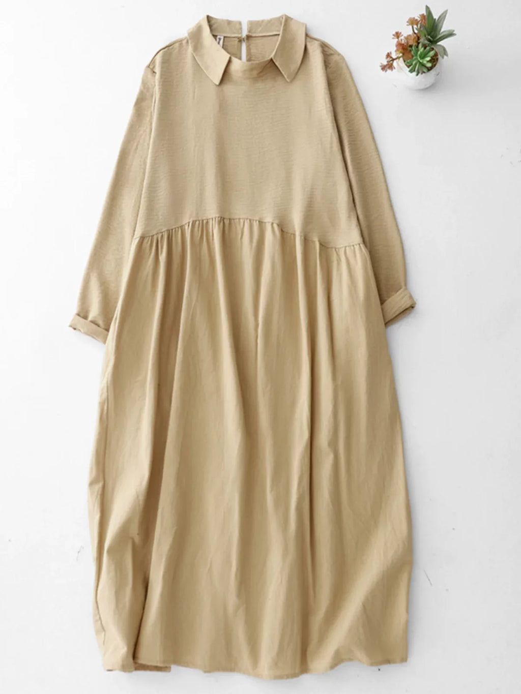 Textured Bodice Shirt Collar A-Line Midi Dress