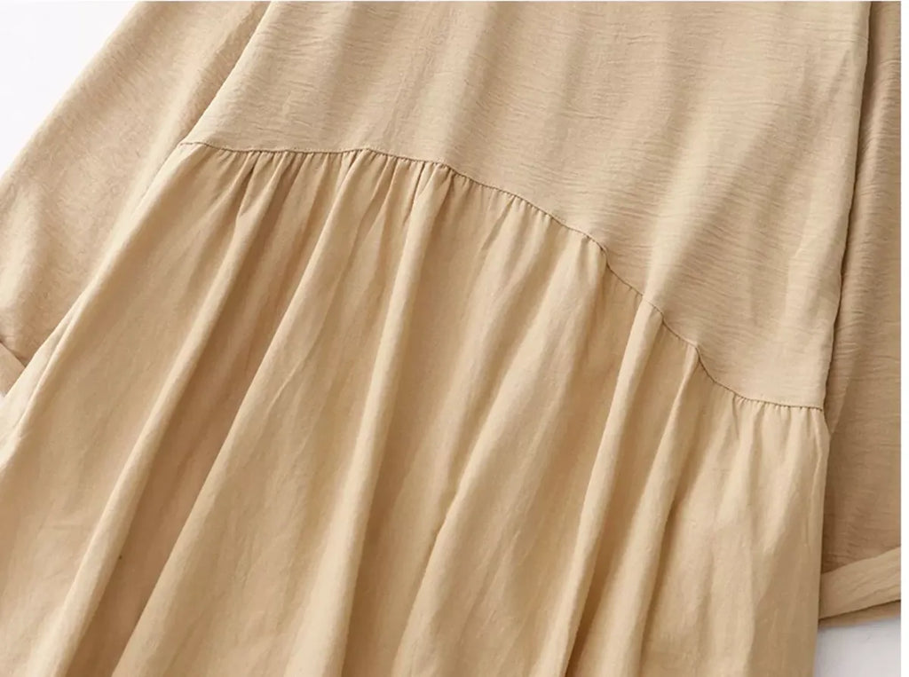 Textured Bodice Shirt Collar A-Line Midi Dress