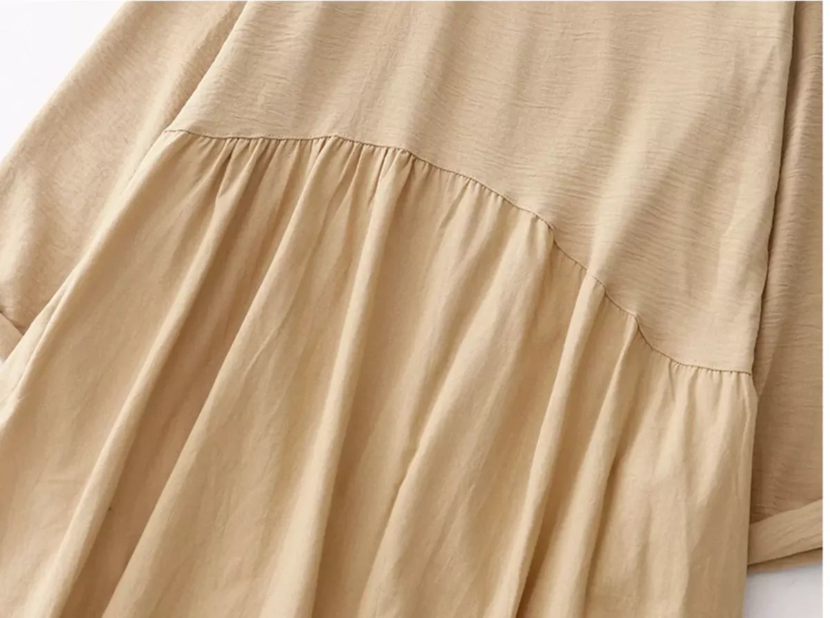 Textured Bodice Shirt Collar A-Line Midi Dress