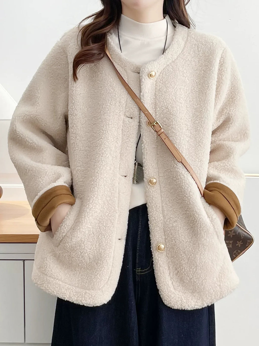 Textured Fleece Jacket with Contrast Cuffs and Gold Buttons