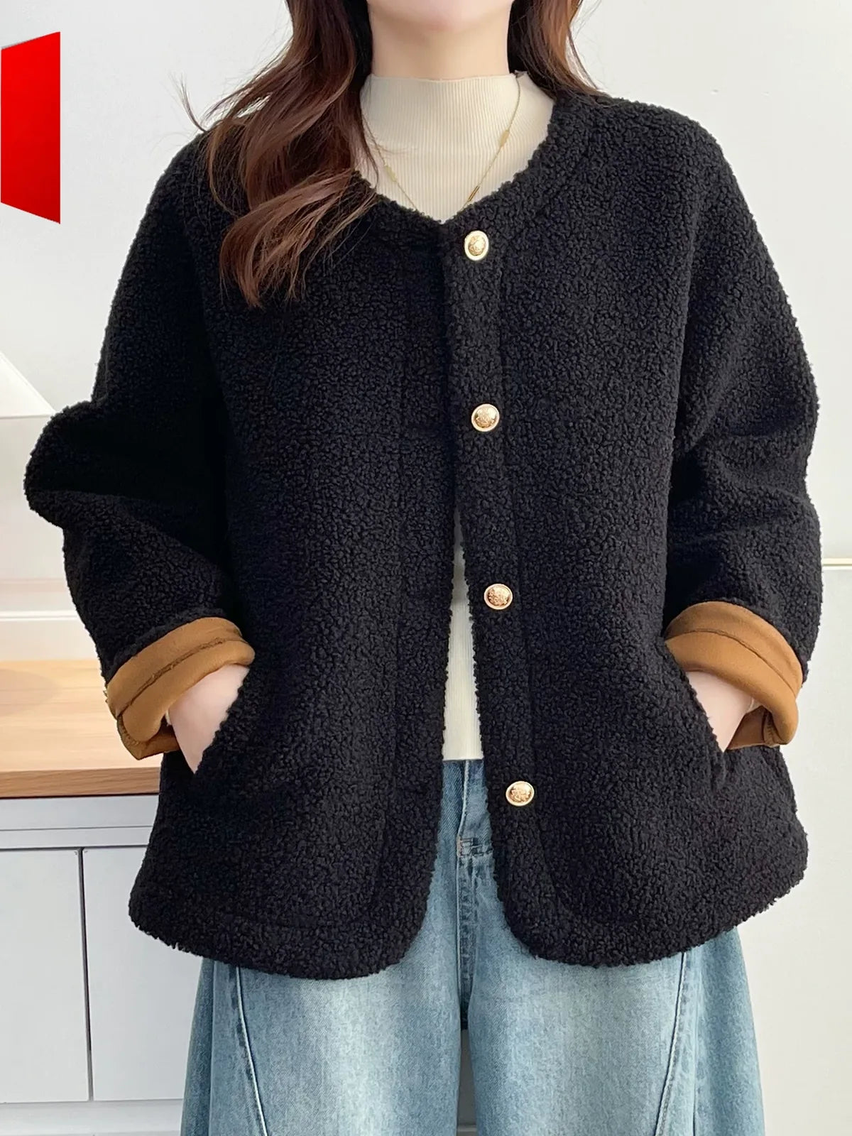 Textured Fleece Jacket with Contrast Cuffs and Gold Buttons