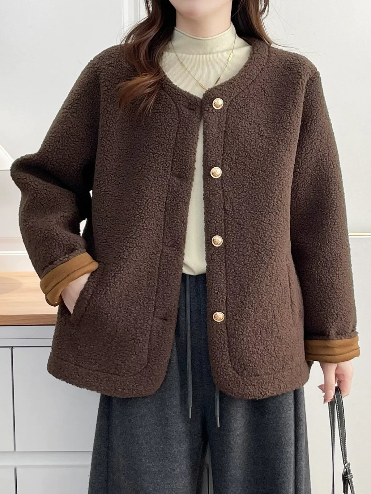 Textured Fleece Jacket with Contrast Cuffs and Gold Buttons