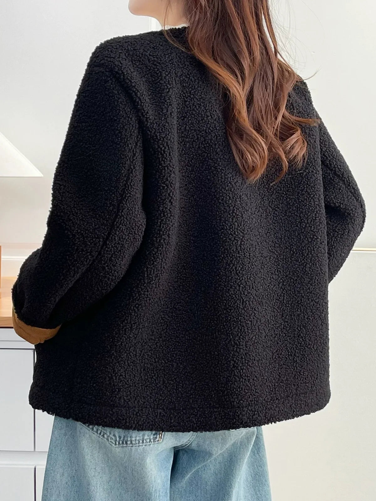 Textured Fleece Jacket with Contrast Cuffs and Gold Buttons