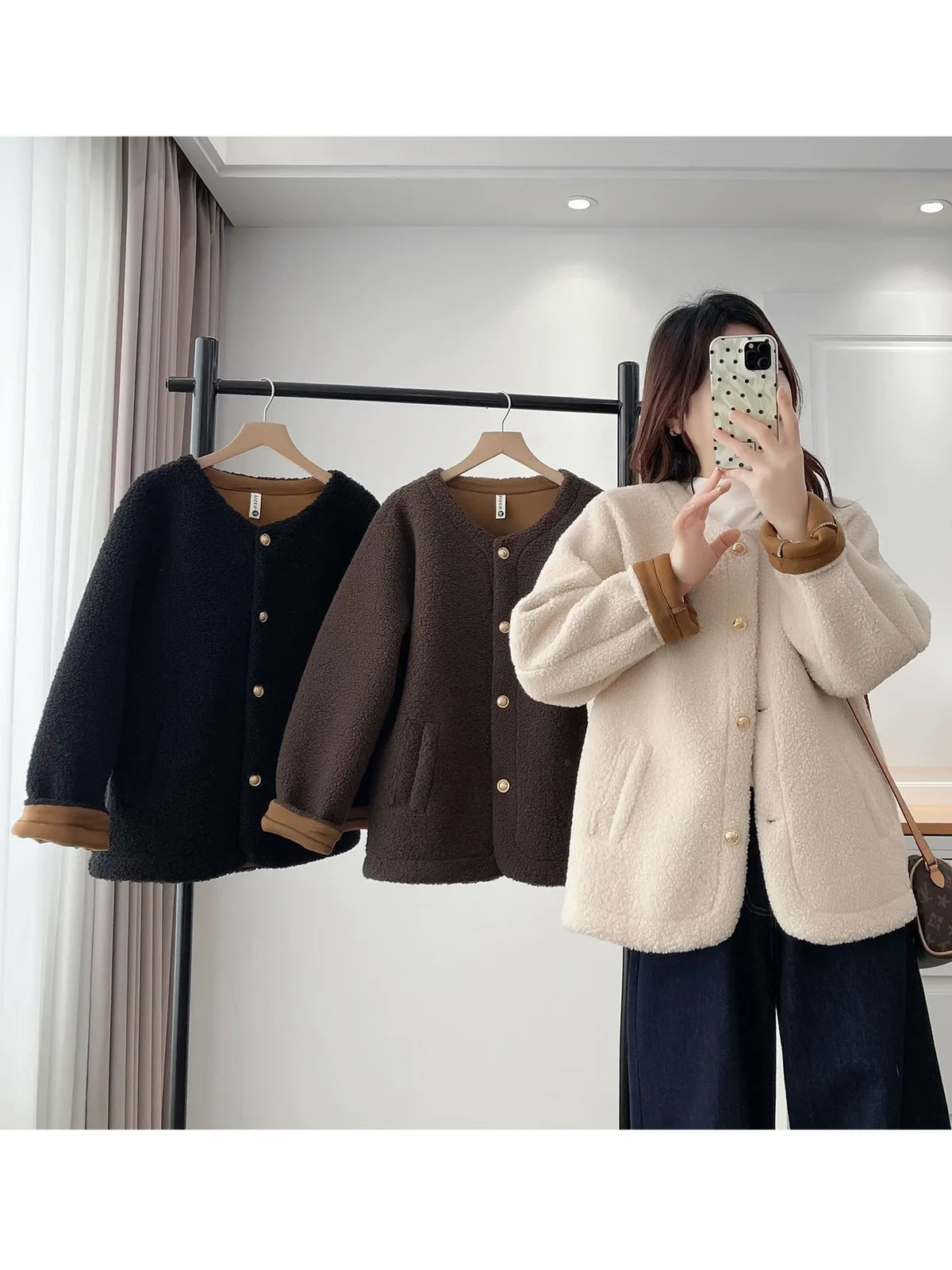 Textured Fleece Jacket with Contrast Cuffs and Gold Buttons