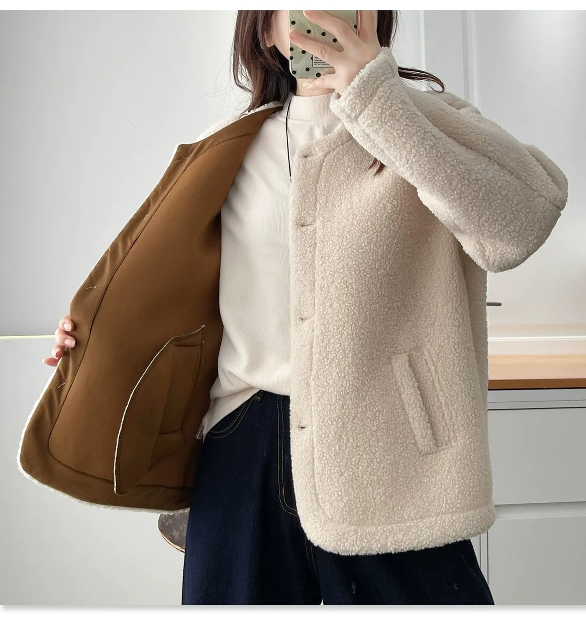 Textured Fleece Jacket with Contrast Cuffs and Gold Buttons