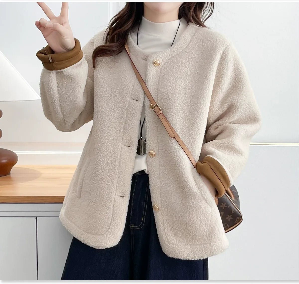 Textured Fleece Jacket with Contrast Cuffs and Gold Buttons