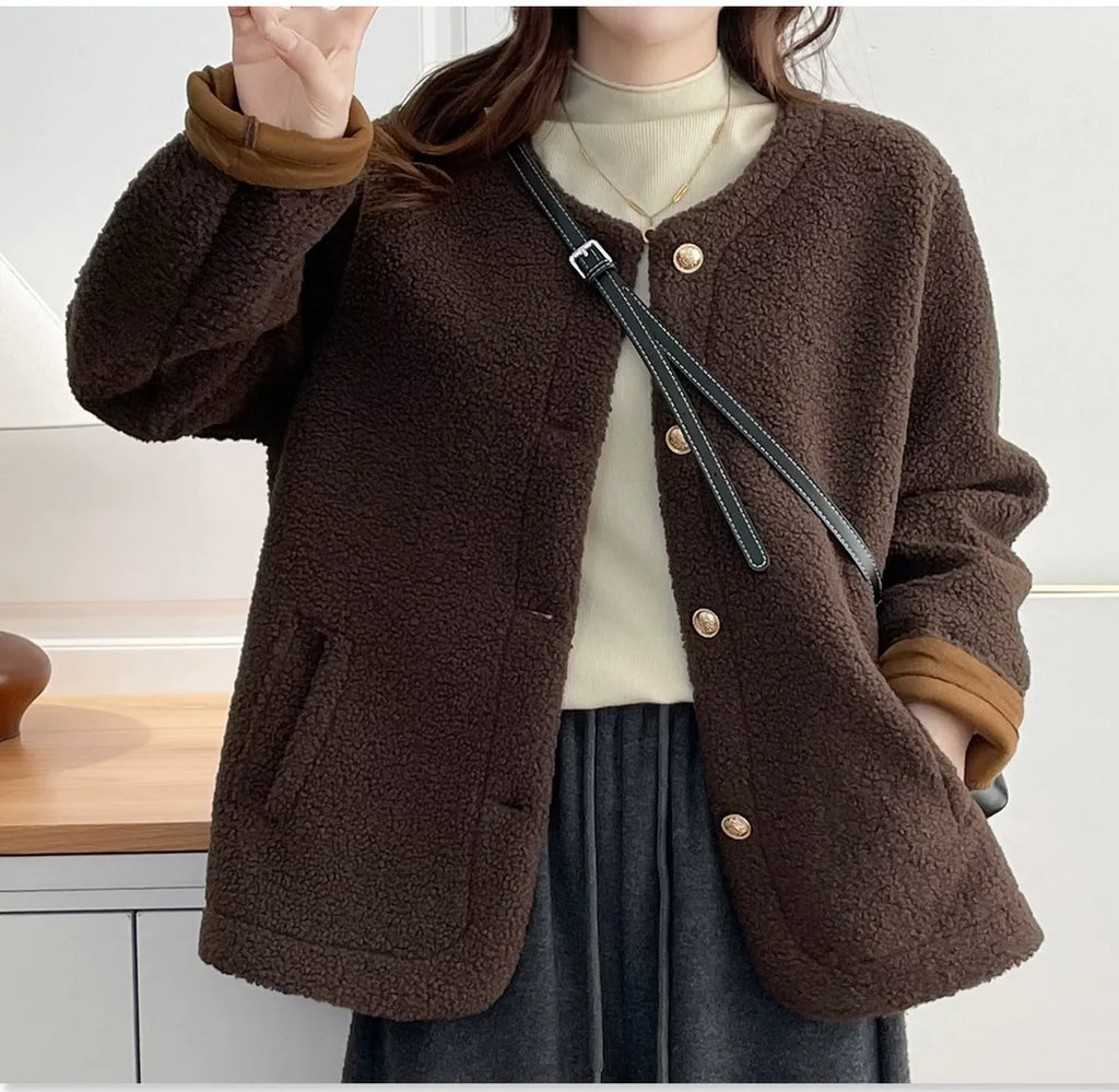 Textured Fleece Jacket with Contrast Cuffs and Gold Buttons
