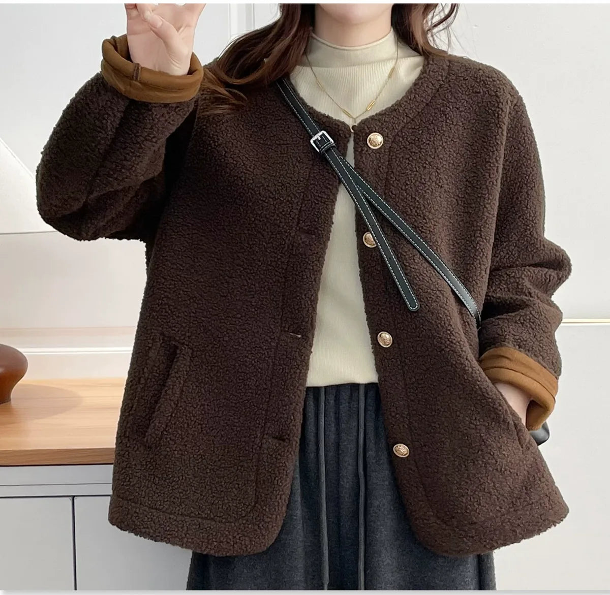 Textured Fleece Jacket with Contrast Cuffs and Gold Buttons