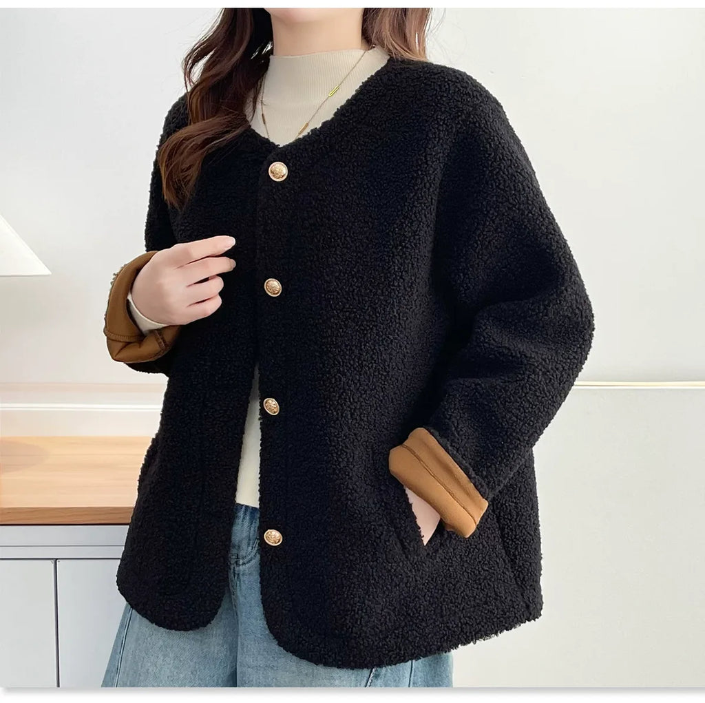 Textured Fleece Jacket with Contrast Cuffs and Gold Buttons