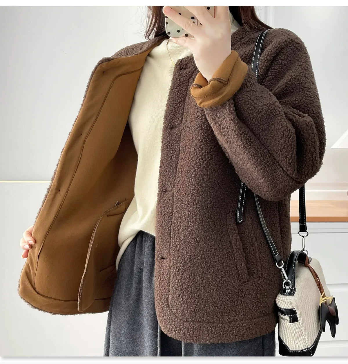 Textured Fleece Jacket with Contrast Cuffs and Gold Buttons