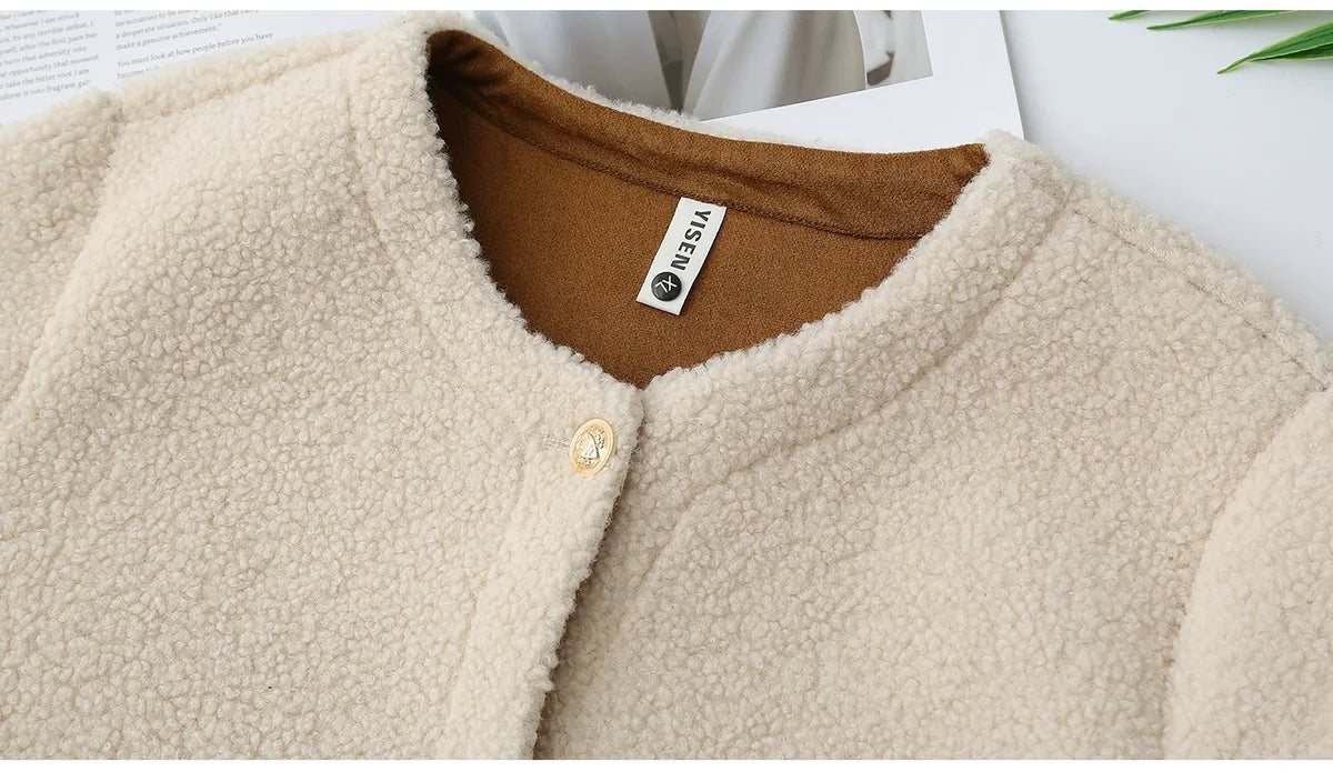 Textured Fleece Jacket with Contrast Cuffs and Gold Buttons