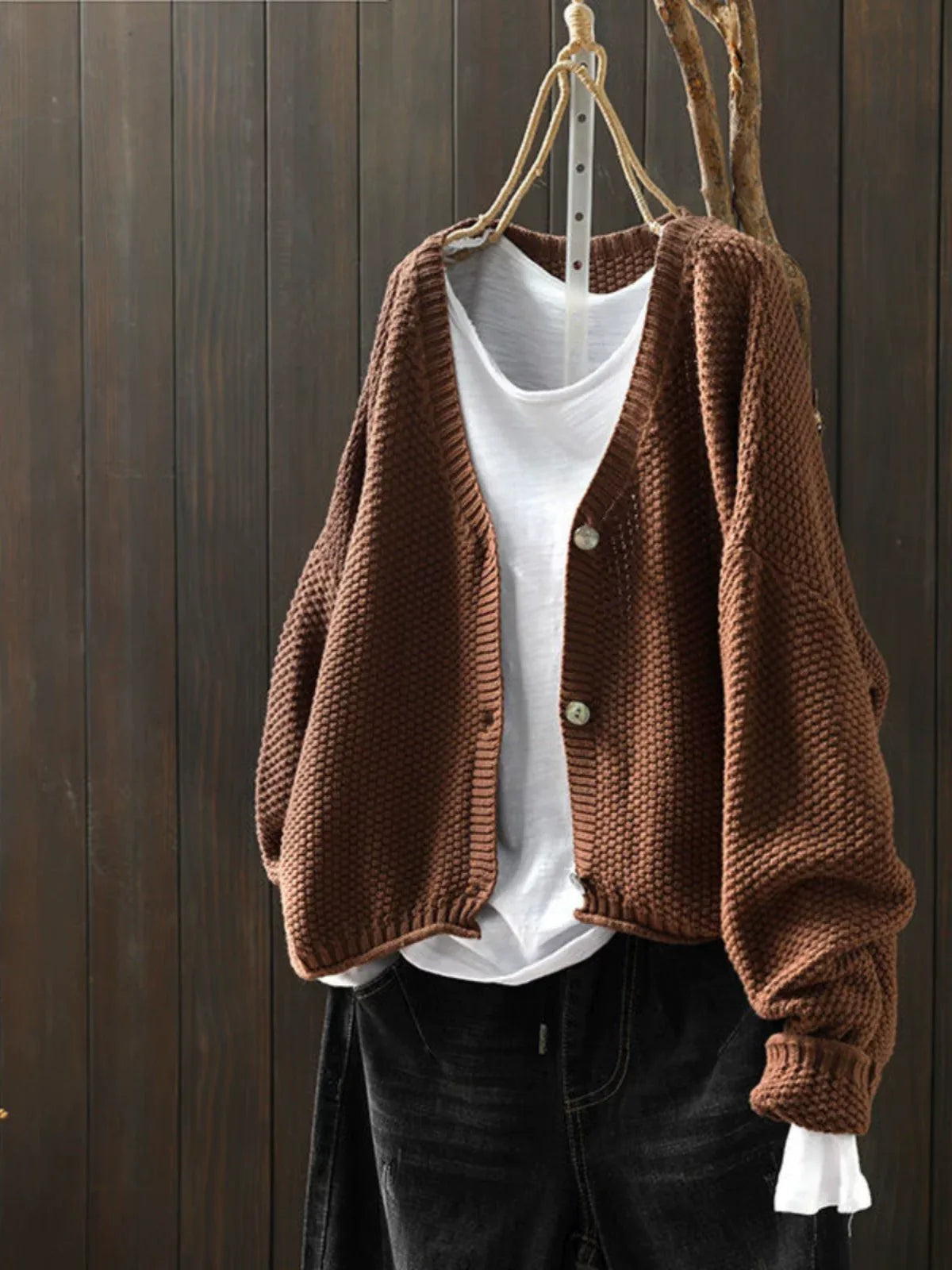 Textured Knit V-Neck Cardigan with High-Low Hem