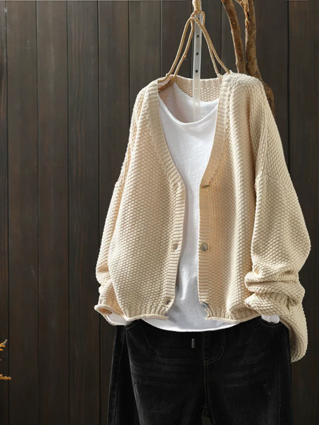 Textured Knit V-Neck Cardigan with High-Low Hem