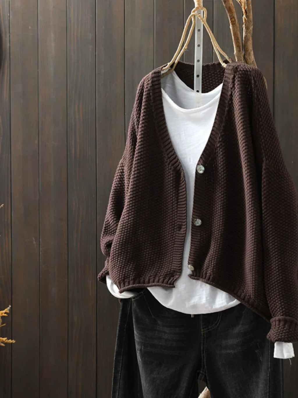 Textured Knit V-Neck Cardigan with High-Low Hem
