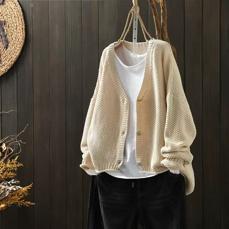 Textured Knit V-Neck Cardigan with High-Low Hem - Off White