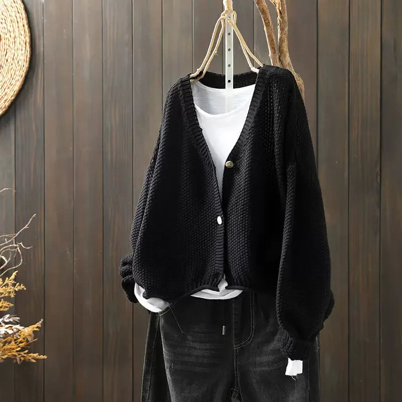 Textured Knit V-Neck Cardigan with High-Low Hem - Black