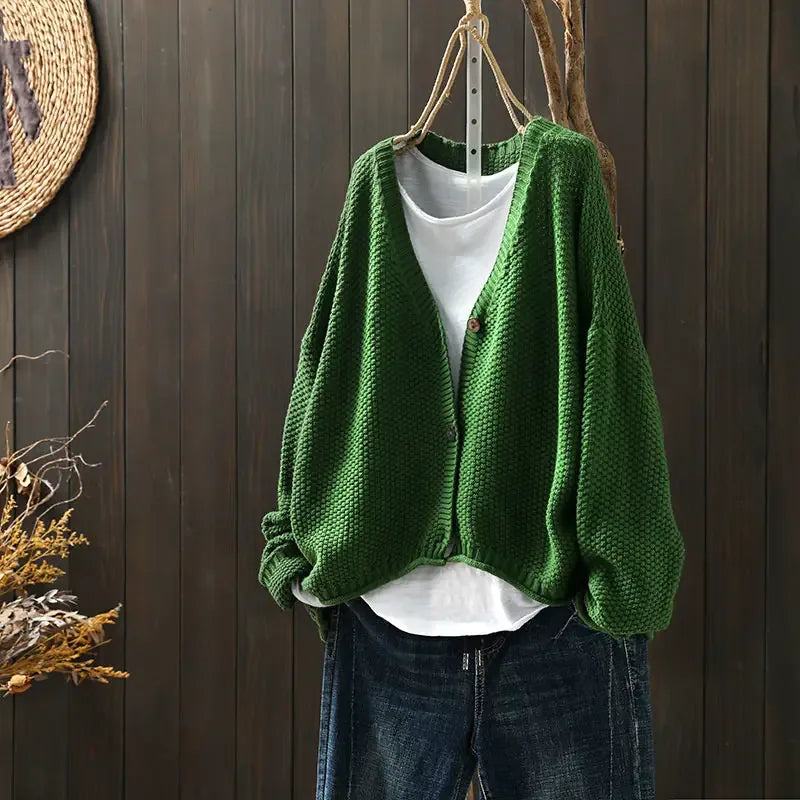 Textured Knit V-Neck Cardigan with High-Low Hem - Green
