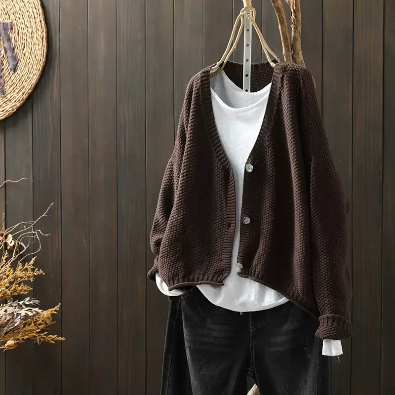 Textured Knit V-Neck Cardigan with High-Low Hem - Brown