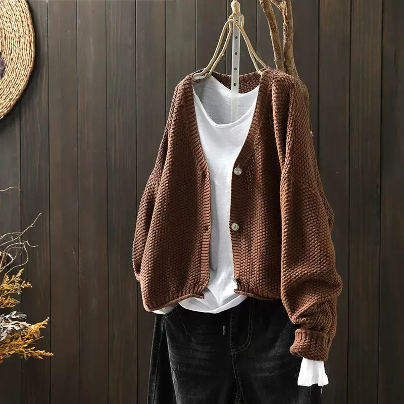 Textured Knit V-Neck Cardigan with High-Low Hem - Camel